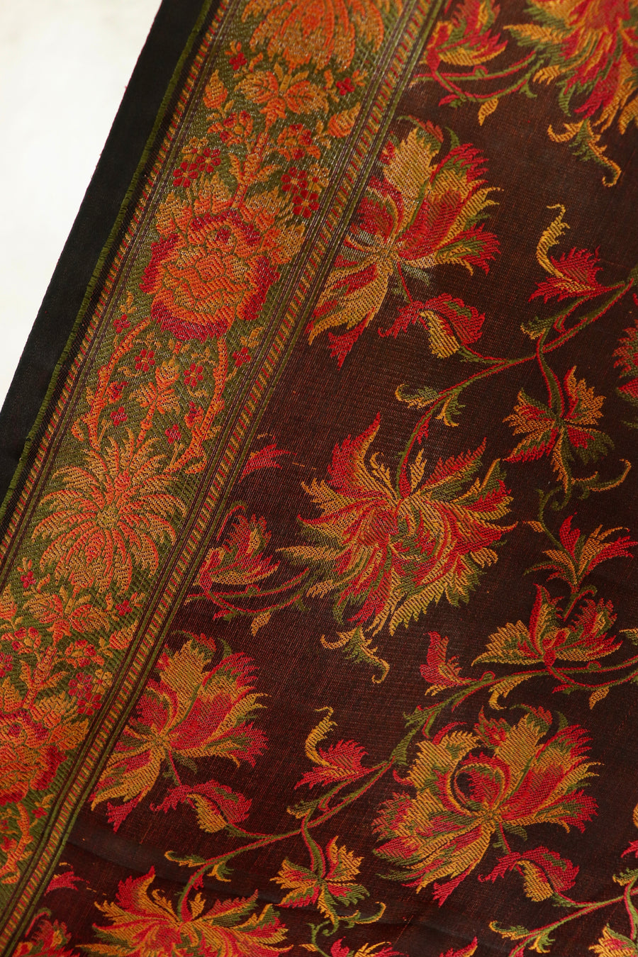 Multi Colour Brown Jamawar Tanchoi Satin Silk Saree | Stuti Weaves