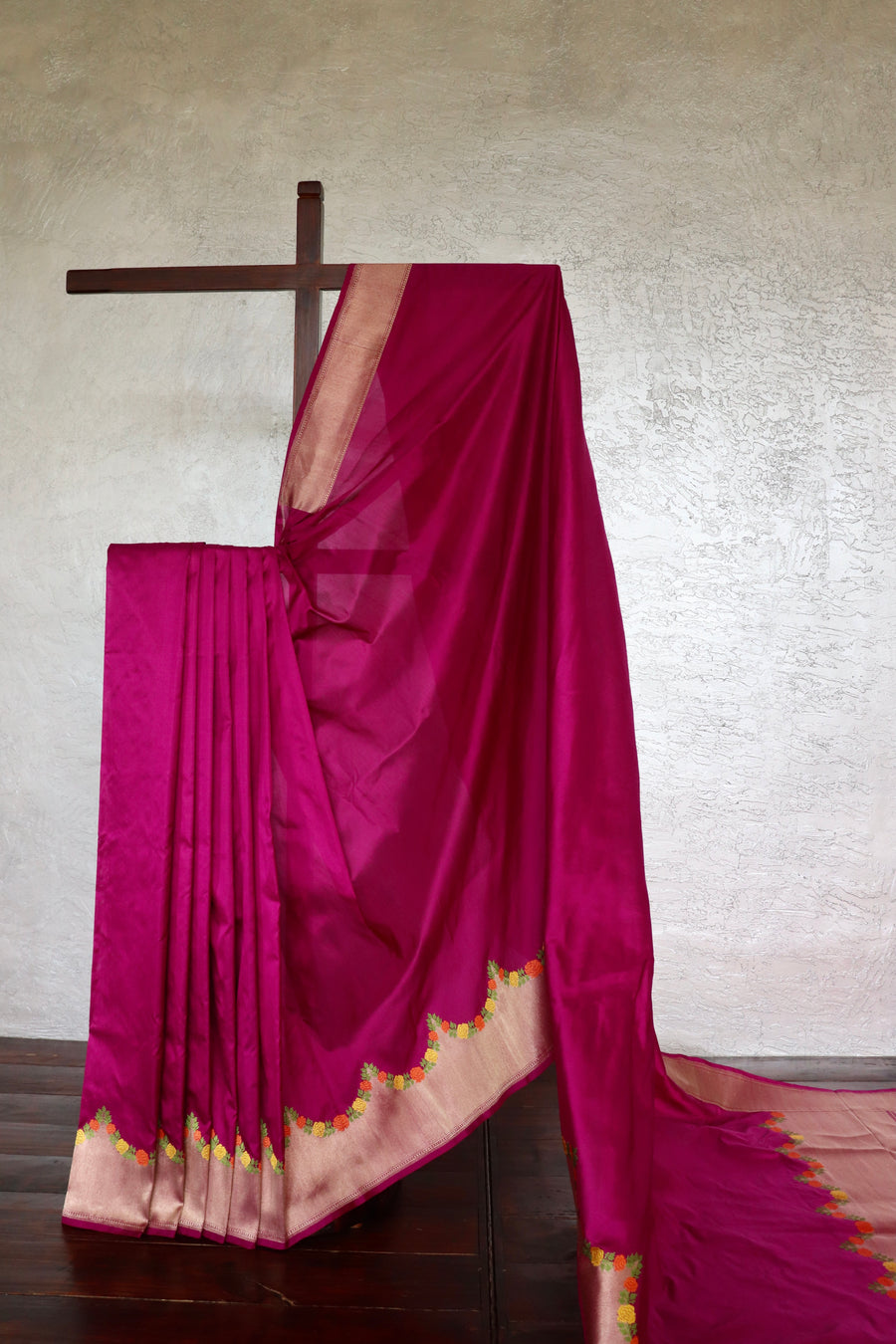 Magenta Pink Floral Border Pure Silk Banarasi Saree | Stuti Weaves