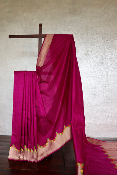 Magenta Pink Floral Border Pure Silk Banarasi Saree | Stuti Weaves