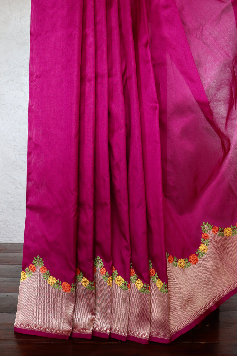 Magenta Pink Floral Border Pure Silk Banarasi Saree | Stuti Weaves