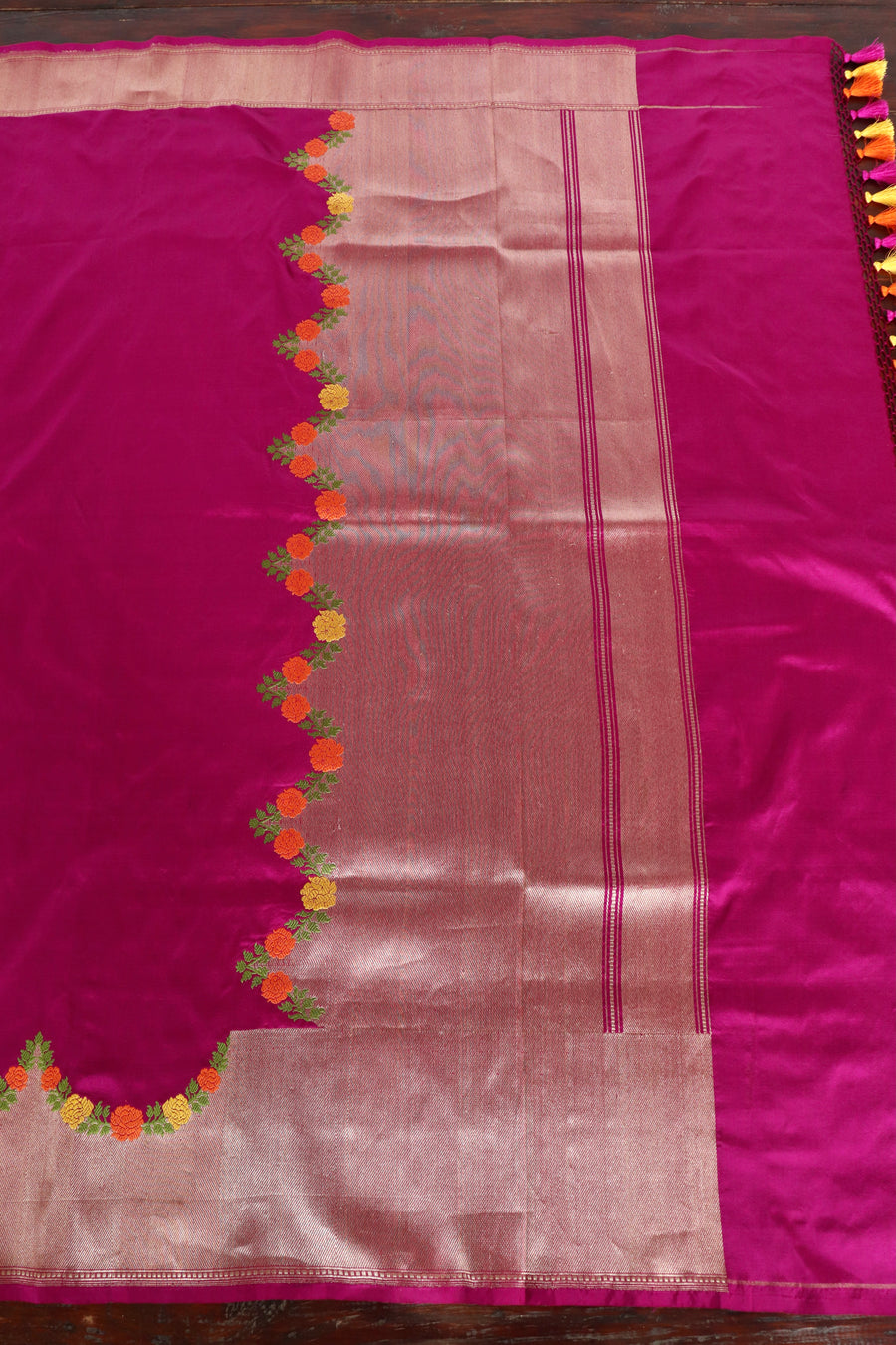 Magenta Pink Floral Border Pure Silk Banarasi Saree | Stuti Weaves