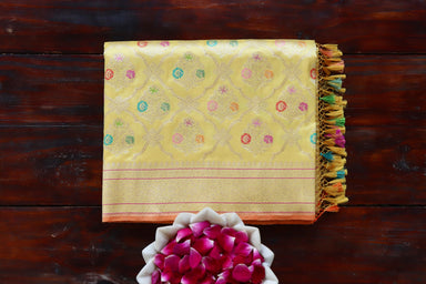 Lemon Yellow handloom Banarsi saree with jangla motifs in pure silk