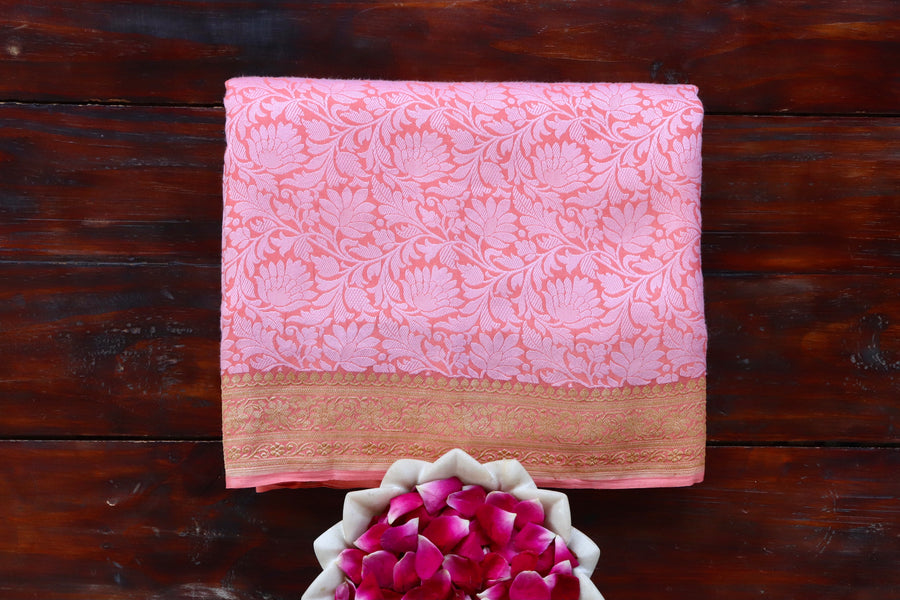 Pink handloom Banarsi saree with tanchoi motifs in Khadi Georgette silk