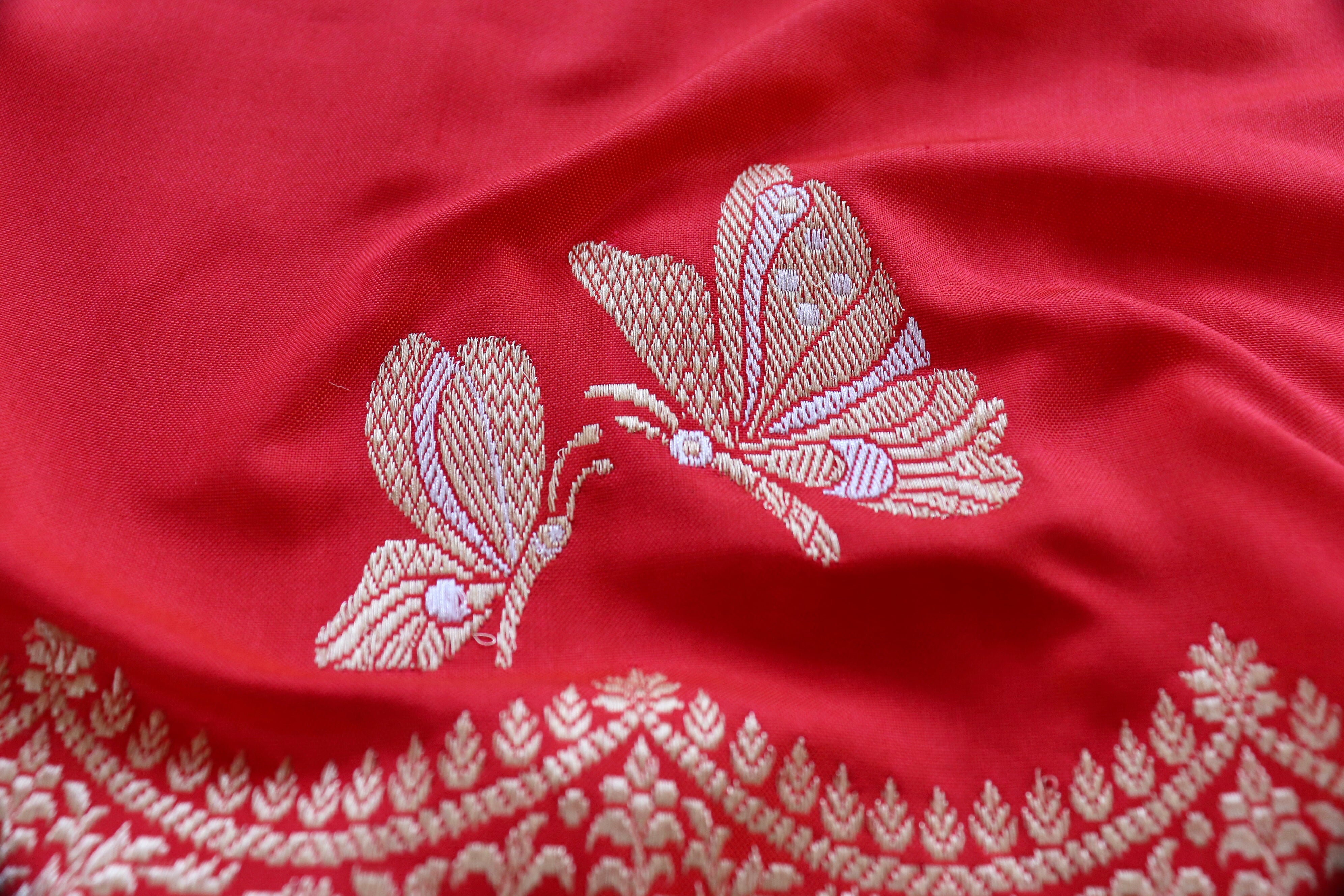 Red Butterfly Motif Handwoven Banarasi Silk Saree