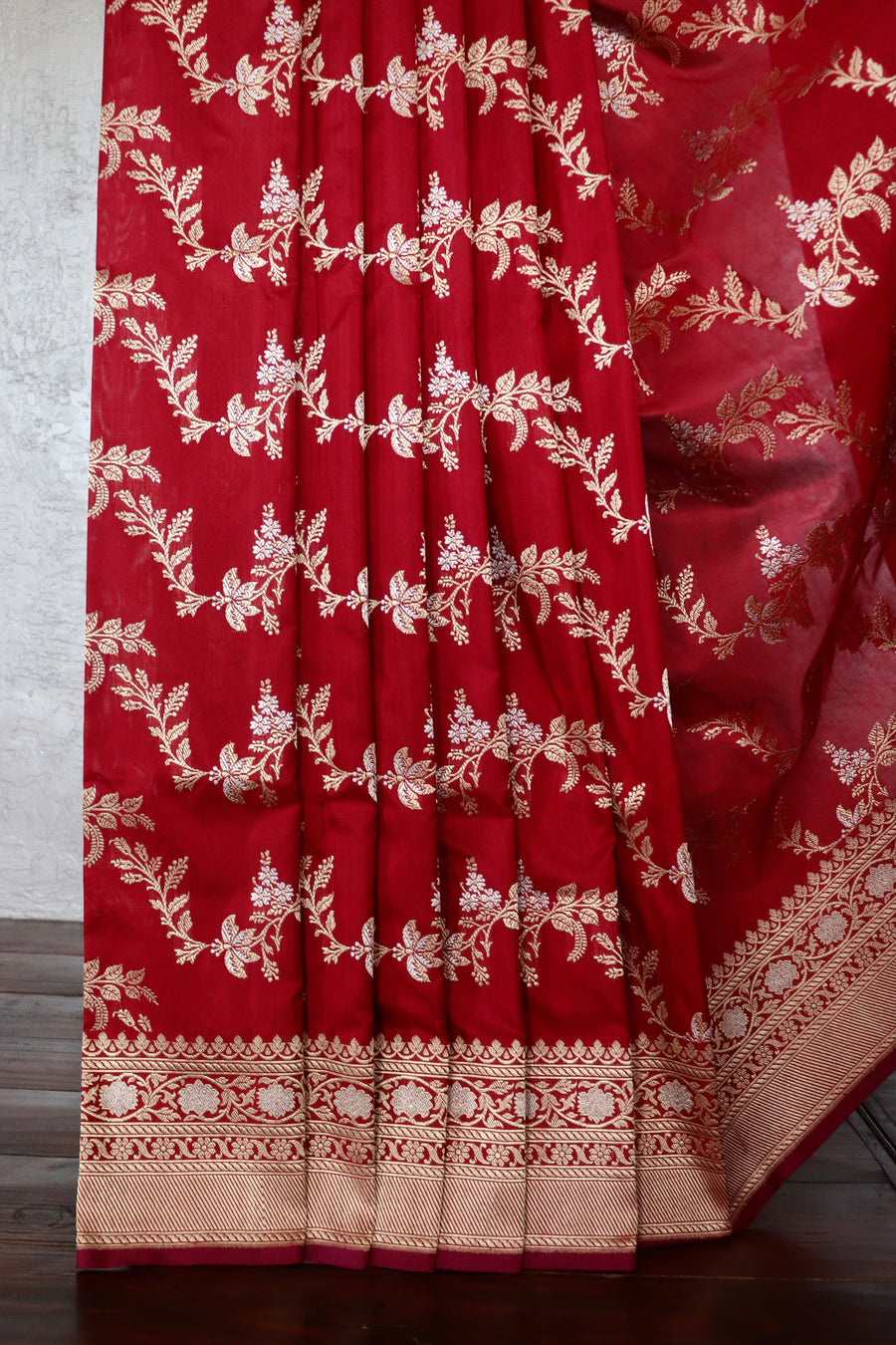 Deep Red Kadhua Phool Jangla Katan Silk Saree