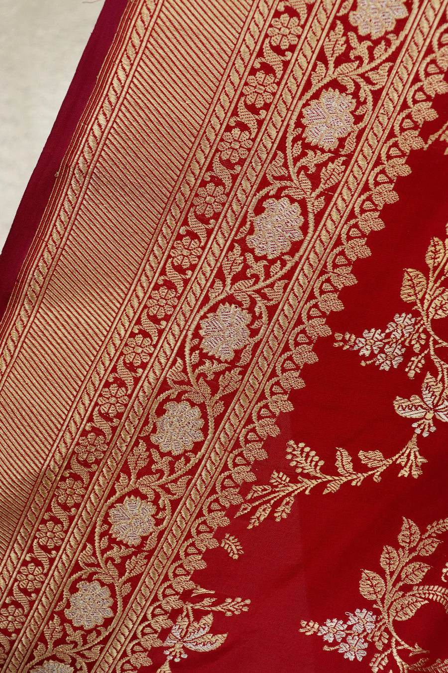 Deep Red Kadhua Phool Jangla Katan Silk Saree