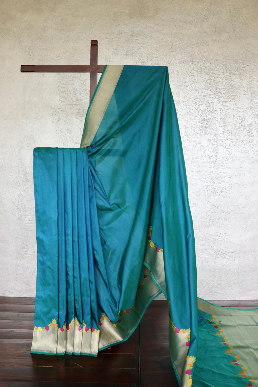 Peacock Blue Floral Border Pure Silk Banarasi Saree | Stuti Weaves