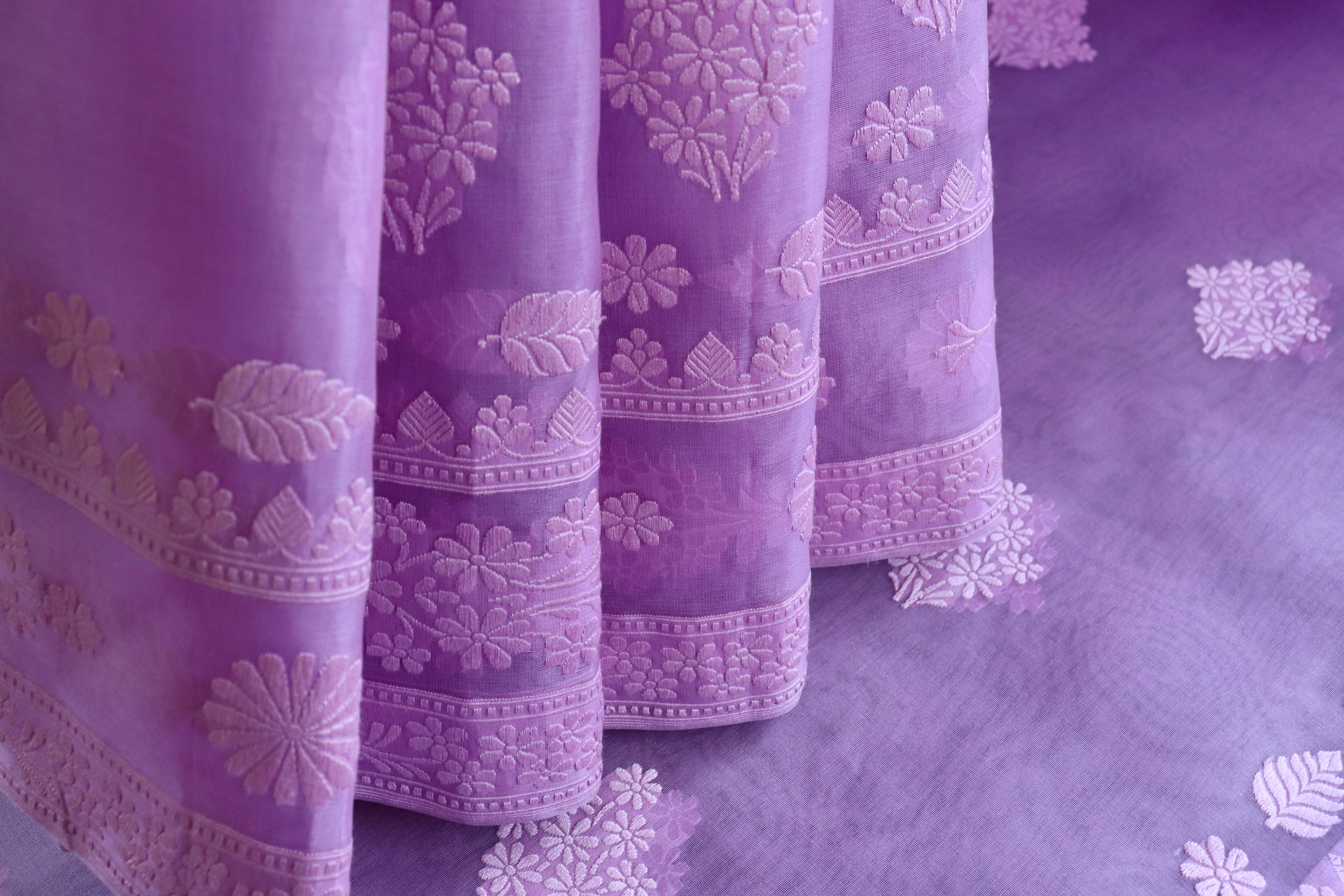 Purple Resham Kadhua Pure Kora Silk Handloom Saree