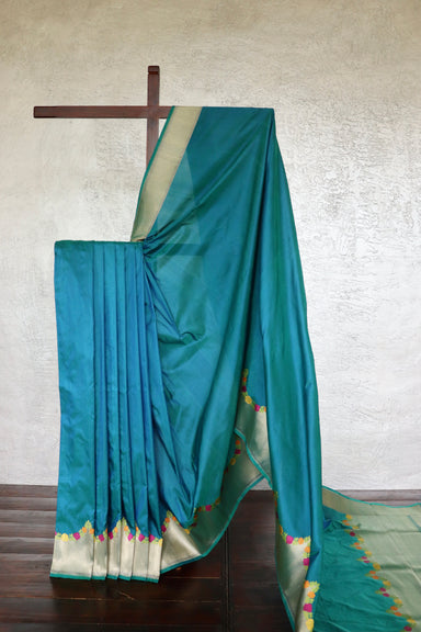 Peacock Blue Floral Border Pure Silk Banarasi Saree | Stuti Weaves