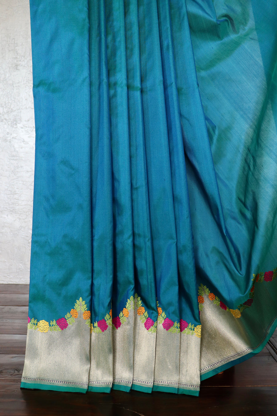 Peacock Blue Floral Border Pure Silk Banarasi Saree | Stuti Weaves
