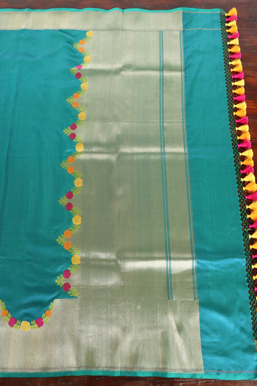 Peacock Blue Floral Border Pure Silk Banarasi Saree | Stuti Weaves