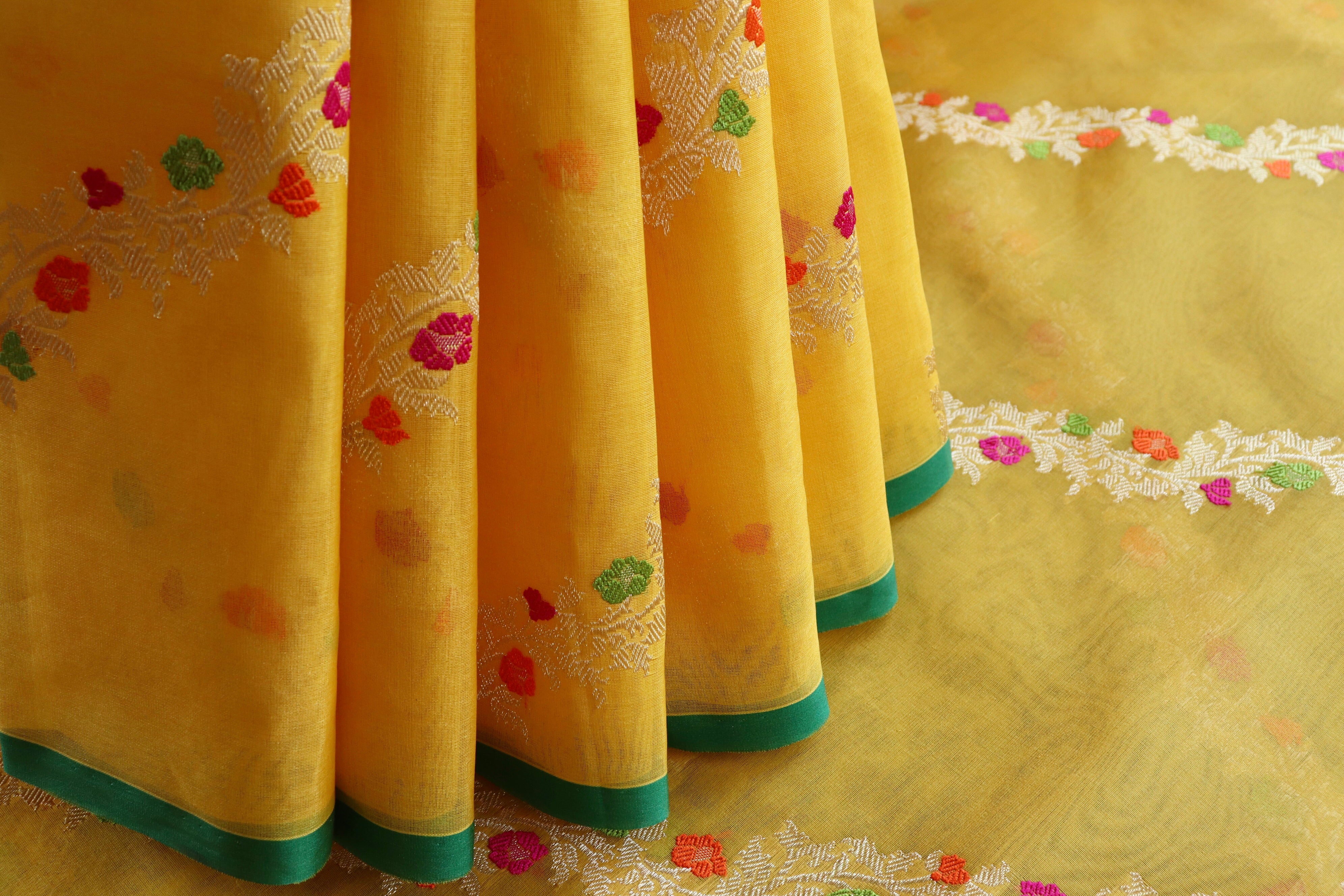 Yellow Aada Jangla Pure Silk Banarasi Saree