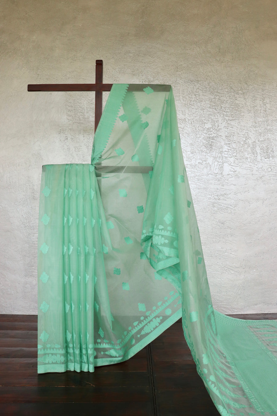 Mint Green Resham Kadhua Pure Kora Silk Handloom Saree