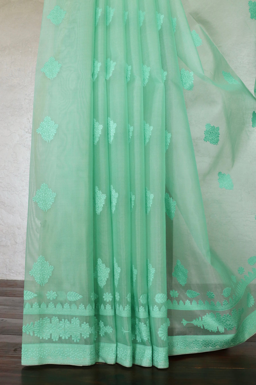 Mint Green Resham Kadhua Pure Kora Silk Handloom Saree