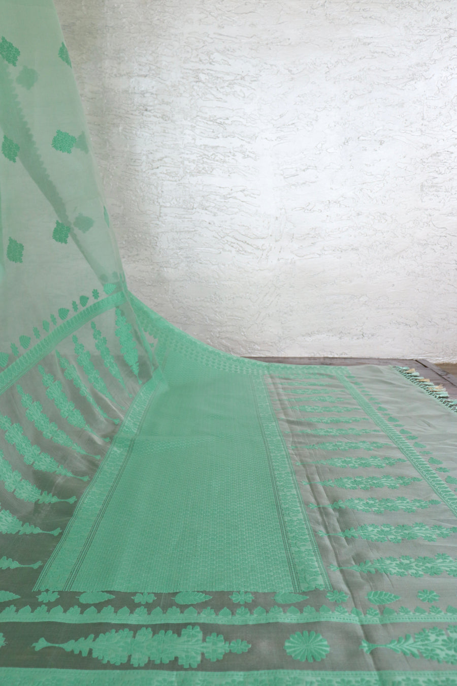 Mint Green Resham Kadhua Pure Kora Silk Handloom Saree