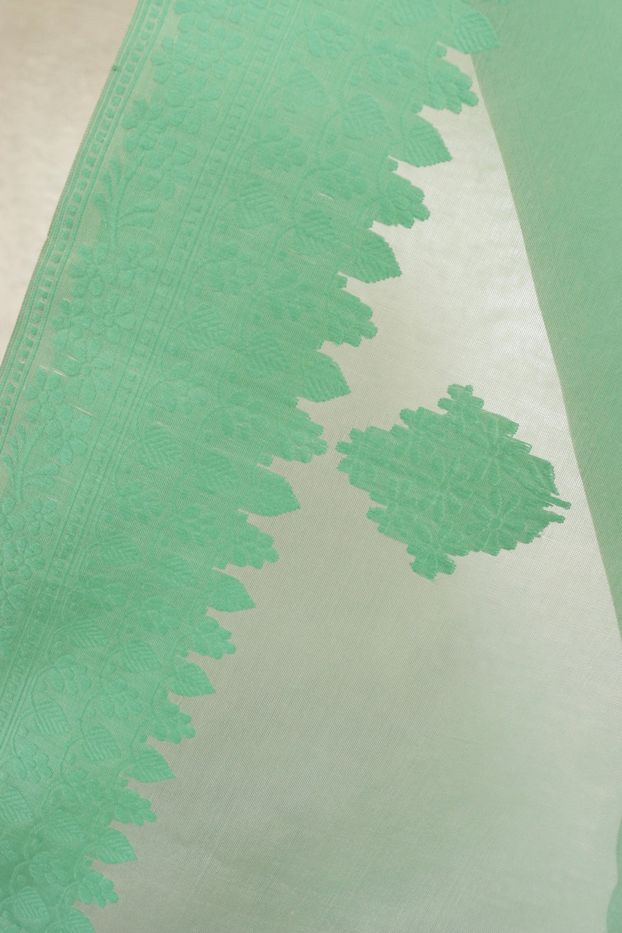 Mint Green Resham Kadhua Pure Kora Silk Handloom Saree