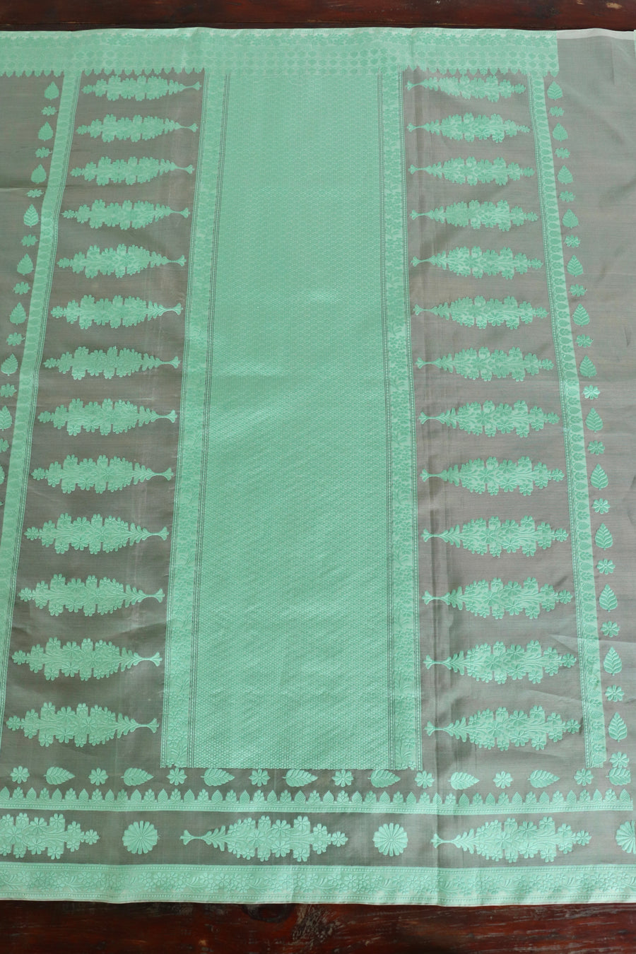 Mint Green Resham Kadhua Pure Kora Silk Handloom Saree