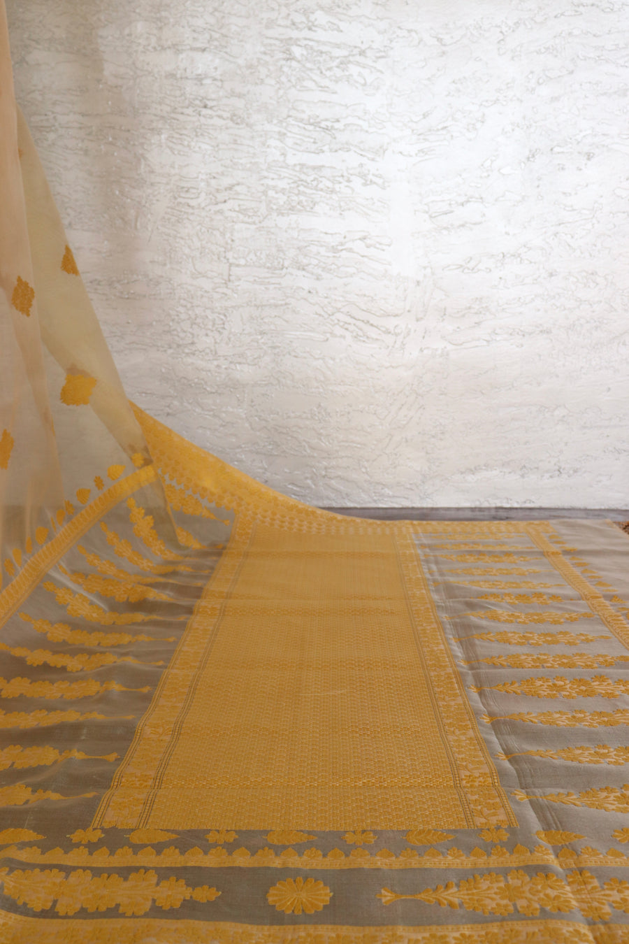 Yellow Resham Kadhua Pure Kora Silk Handloom Saree