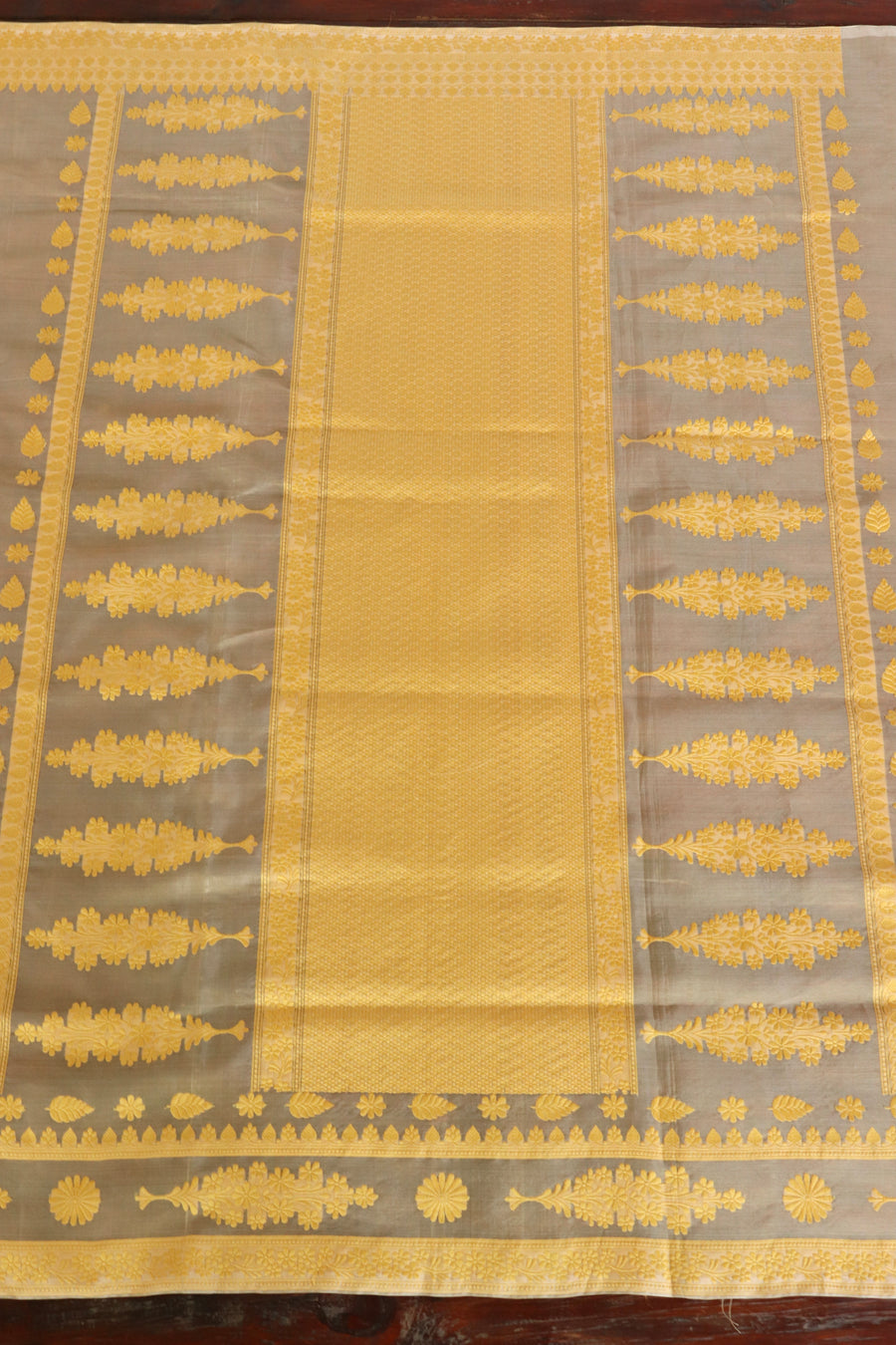 Yellow Resham Kadhua Pure Kora Silk Handloom Saree