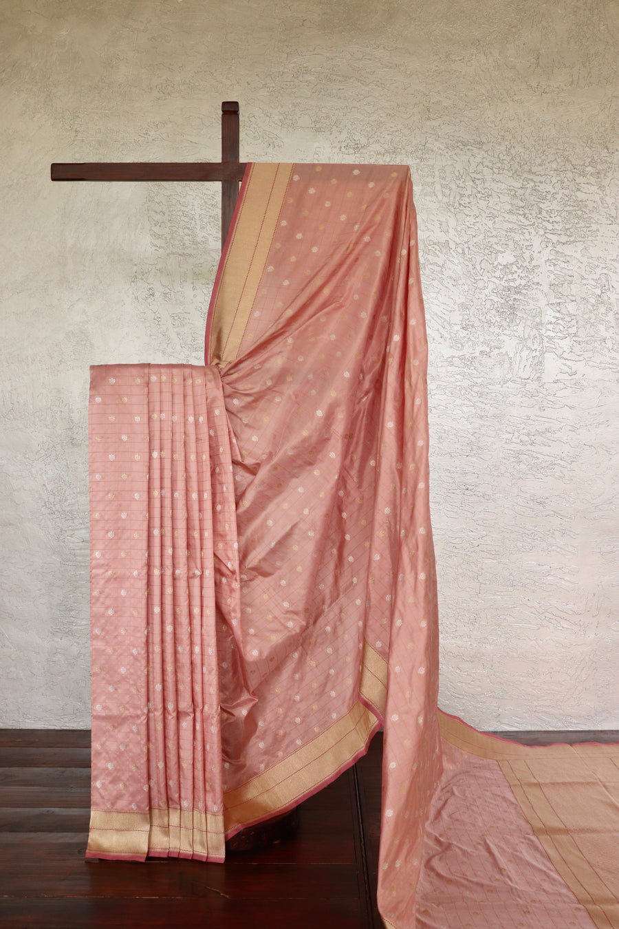 Rose Pink Check Pure Silk Banarasi Saree | Stuti Weaves
