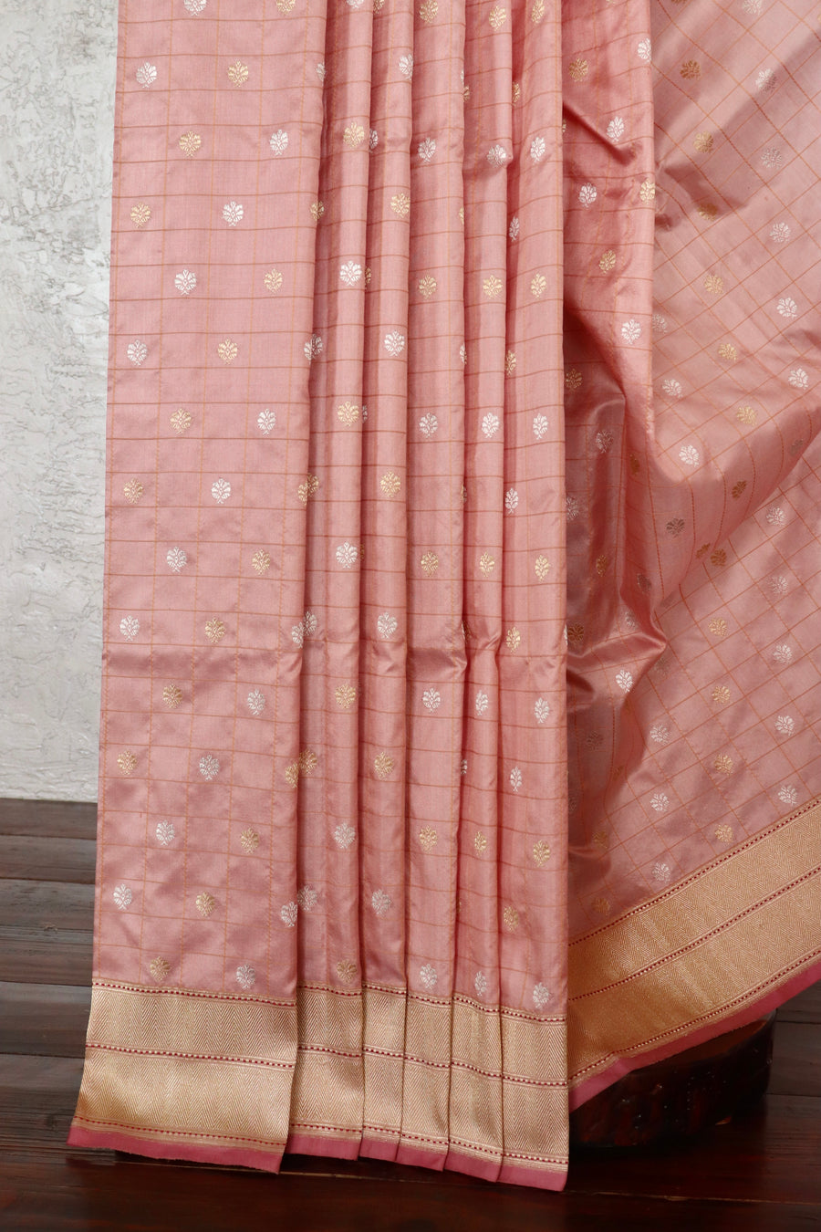 Rose Pink Check Pure Silk Banarasi Saree | Stuti Weaves