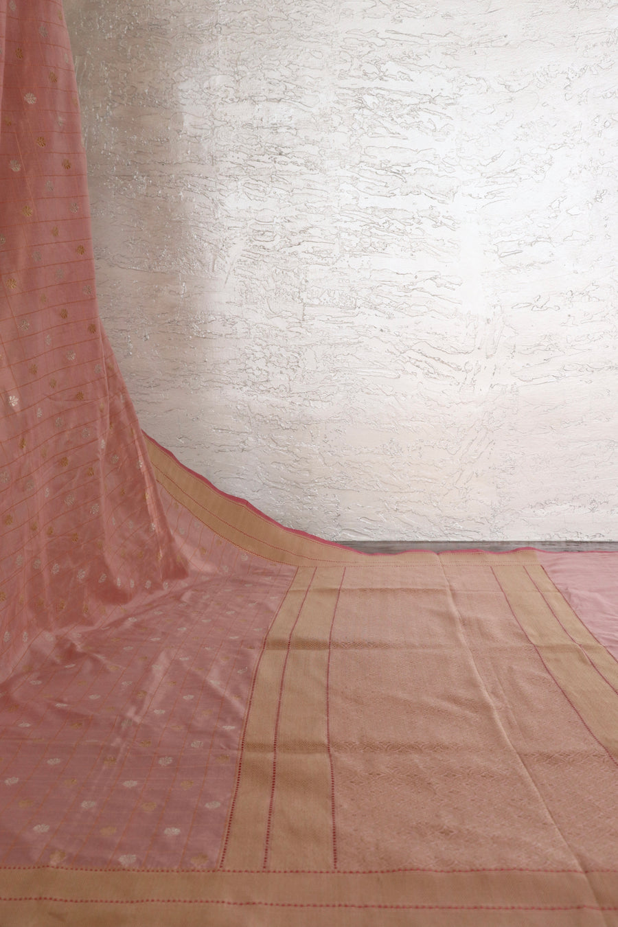 Rose Pink Check Pure Silk Banarasi Saree | Stuti Weaves