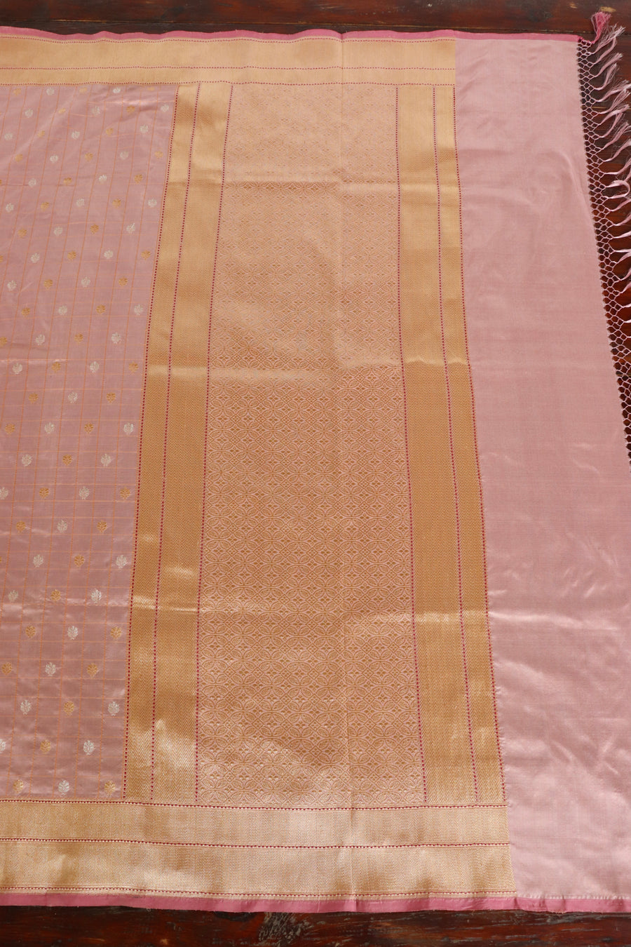 Rose Pink Check Pure Silk Banarasi Saree | Stuti Weaves