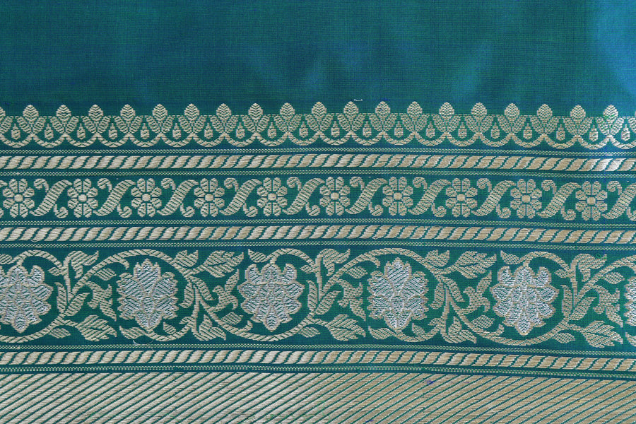 Peacock Shade Zig Zag Jangla Pure Silk Handloom Banarsi Saree