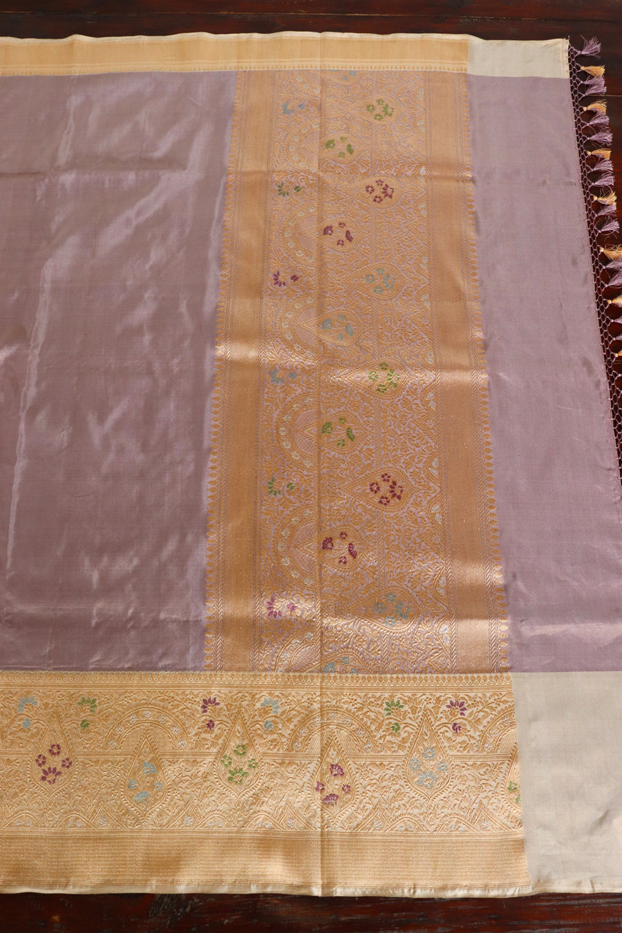 Lavender With Ivory Tissue With Meenadar Silk Kadiyal Banarasi Saree