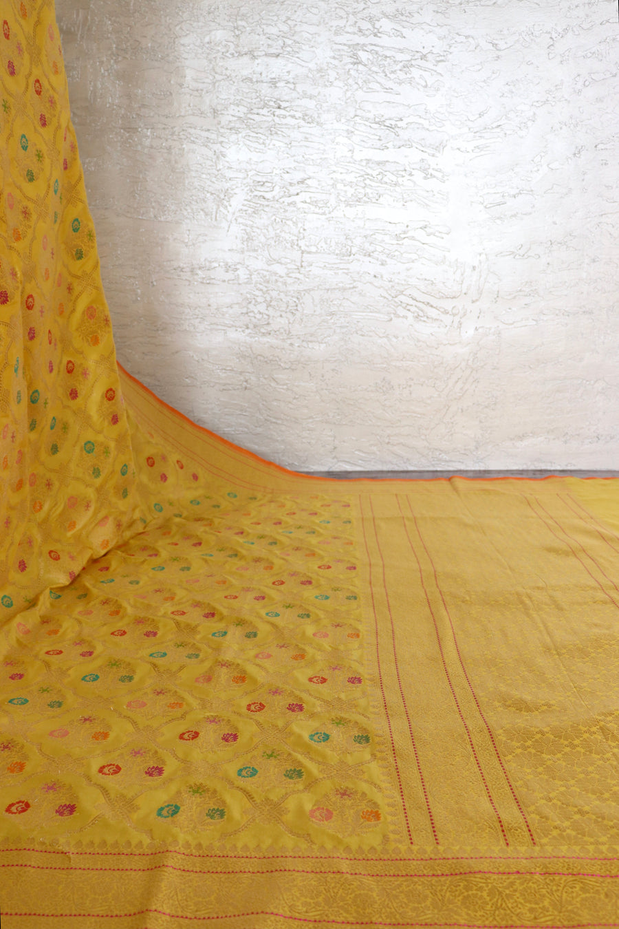 Lemon Yellow Meenadar Pure Silk Handloom Banarasi Jangla Saree