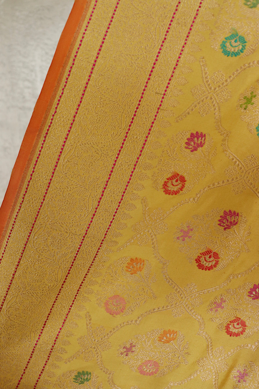 Lemon Yellow Meenadar Pure Silk Handloom Banarasi Jangla Saree
