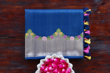 Blue handloom Banarsi saree with floral motifs in pure silk