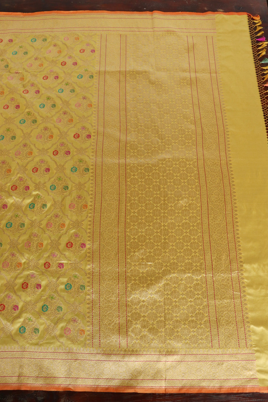 Lemon Yellow Meenadar Pure Silk Handloom Banarasi Jangla Saree