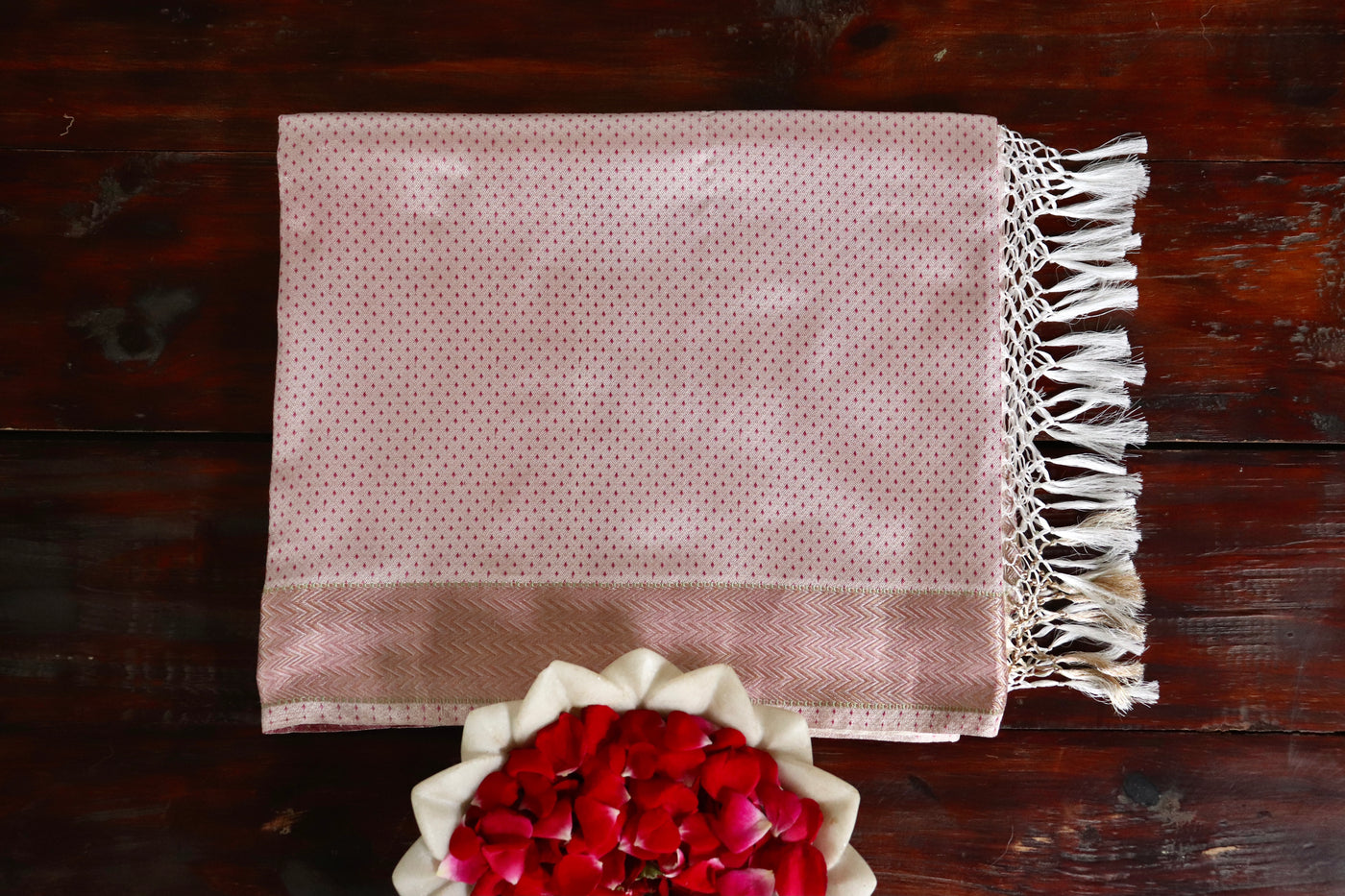 Pink handloom Banarsi saree with buti motifs in pure silk