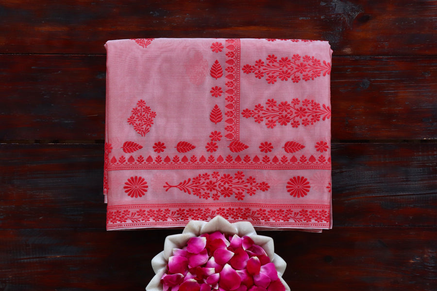 Red handloom Banarsi saree with kadhua motifs in pure Kora silk