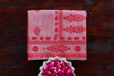 Red handloom Banarsi saree with kadhua motifs in pure Kora silk