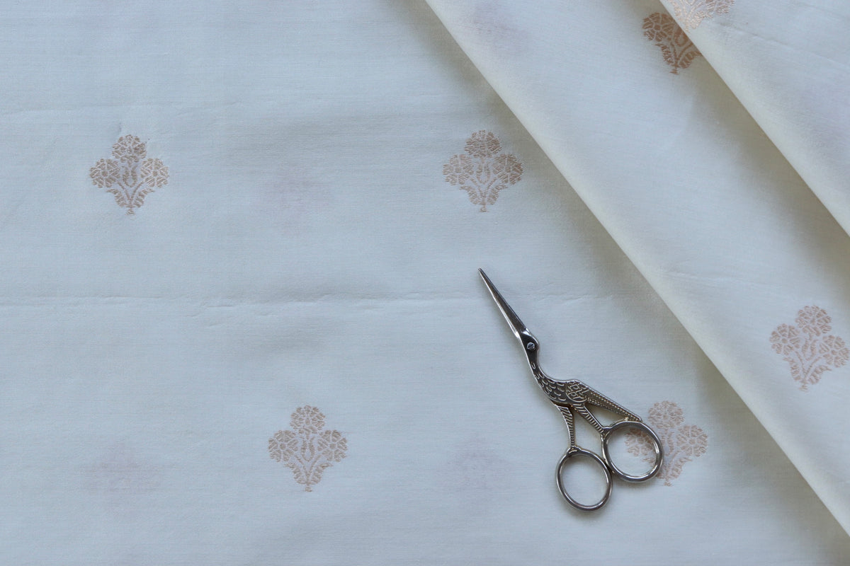 White Floral Motif Silk By Cotton Handloom Fabric Thaan — Stuti Weaves