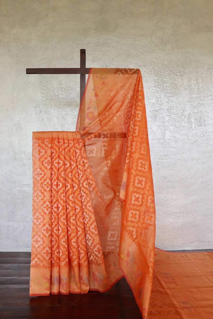 Bright Orange Kadhua Pure Kora Silk Handloom Banarasi Saree