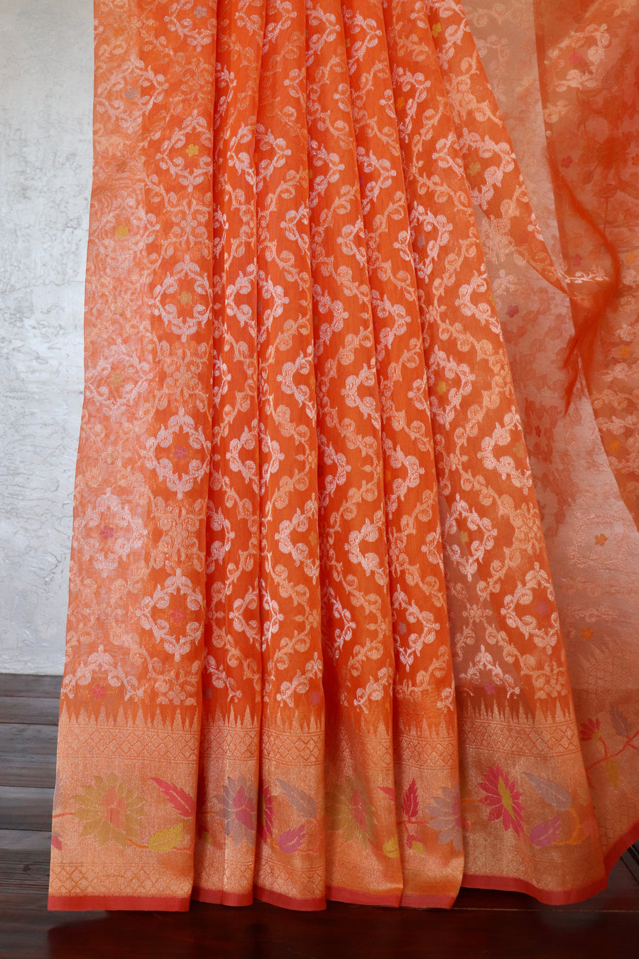 Bright Orange Kadhua Pure Kora Silk Handloom Banarasi Saree