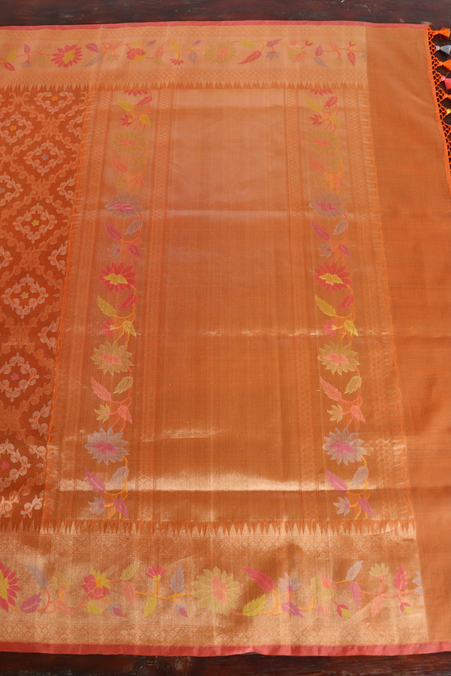 Bright Orange Kadhua Pure Kora Silk Handloom Banarasi Saree