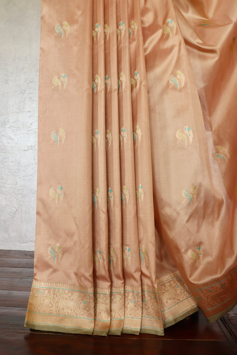 Blush Peach Bird Motif Kadhua Pure Silk Handloom Banarasi Saree