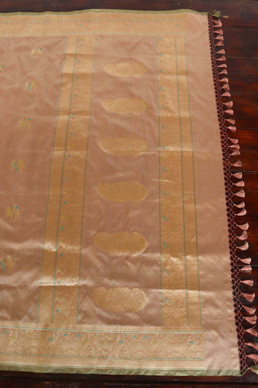 Blush Peach Bird Motif Kadhua Pure Silk Handloom Banarasi Saree