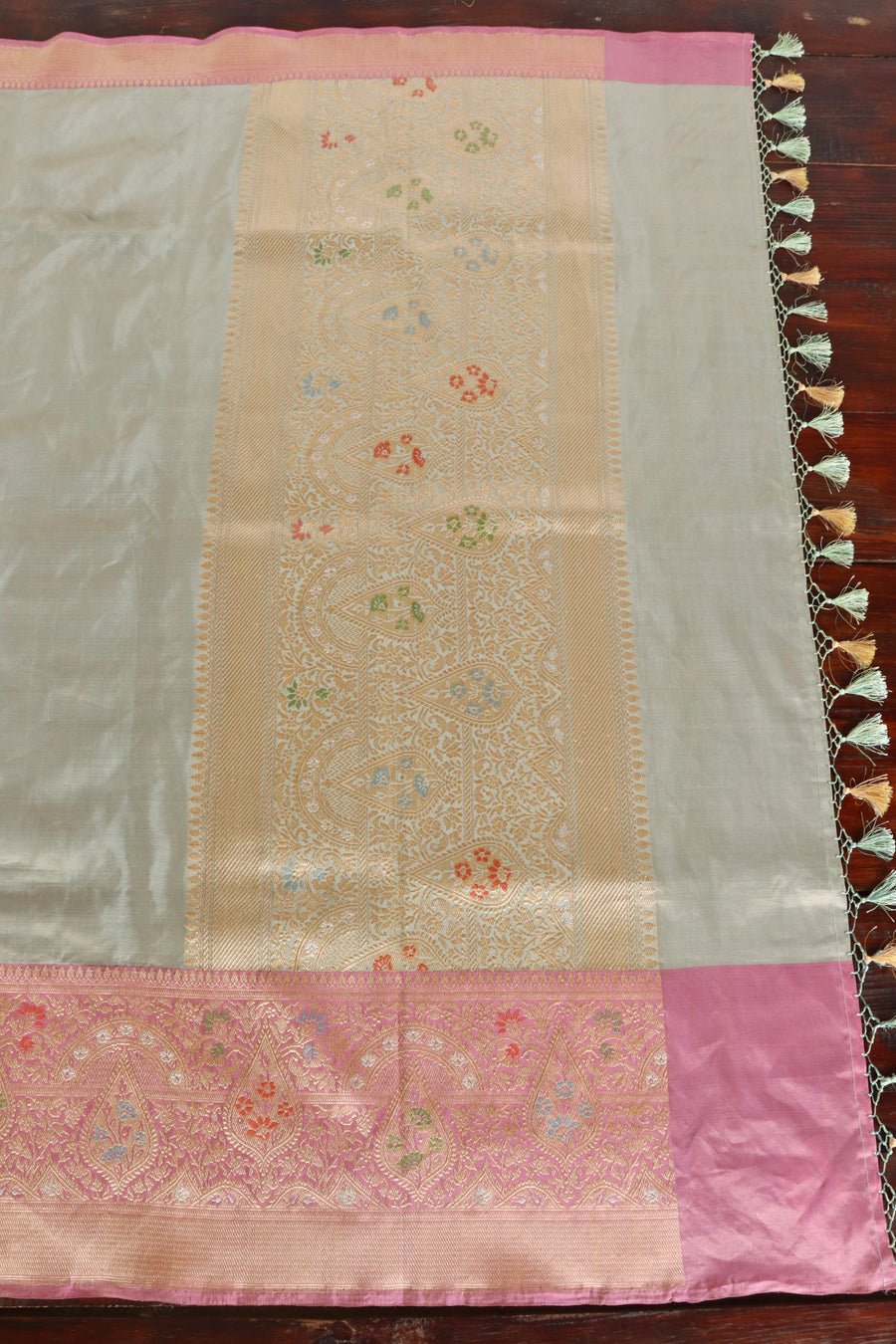 Pink With Sky Blue Tissue With Meenadar Silk Kadiyal Banarasi Saree