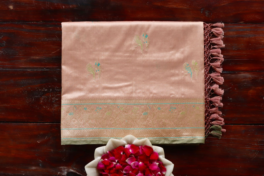 Blush Peach Bird Motif Kadhua Pure Silk Handloom Banarasi Saree