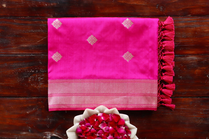 Rani Pink Kadhua Motif Pure Katan Silk Handloom Saree