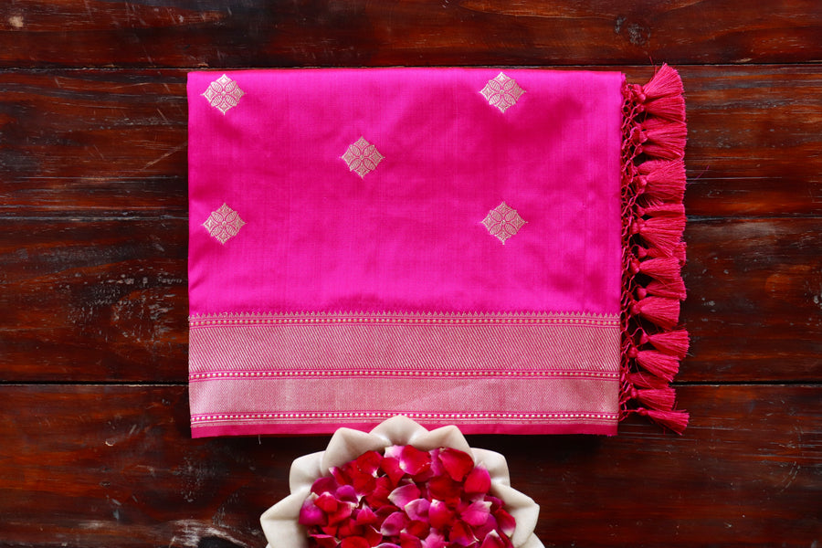 Rani Pink Kadhua Motif Pure Katan Silk Handloom Saree