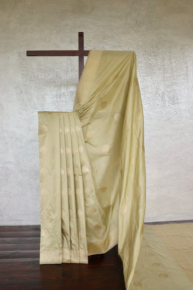Cream Green Motif Pure Silk Banarasi Saree | Stuti Weaves
