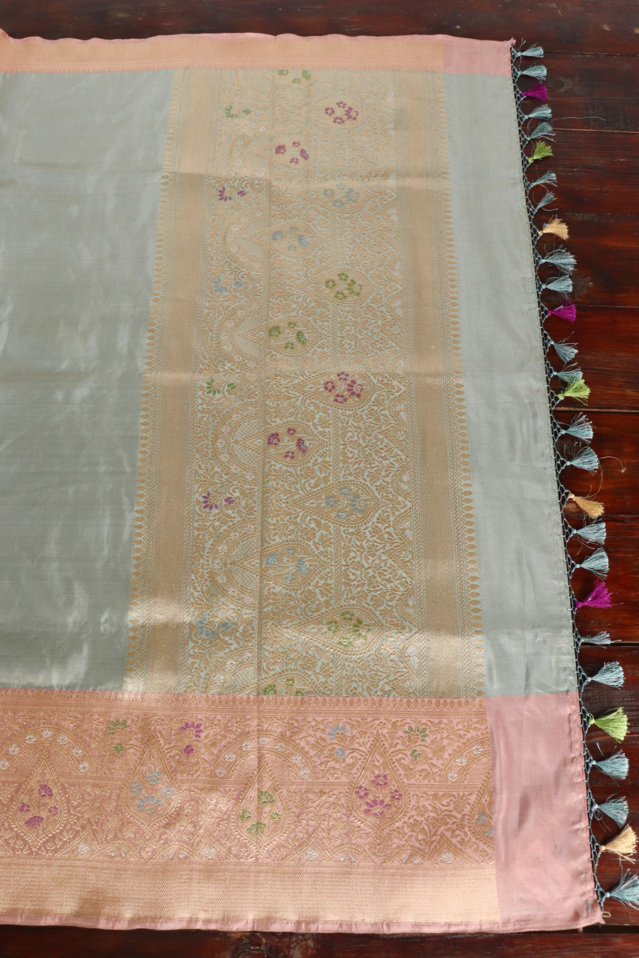 Sea Green & Pink Tissue With Meenadar Silk Kadiyal | Stuti Weaves