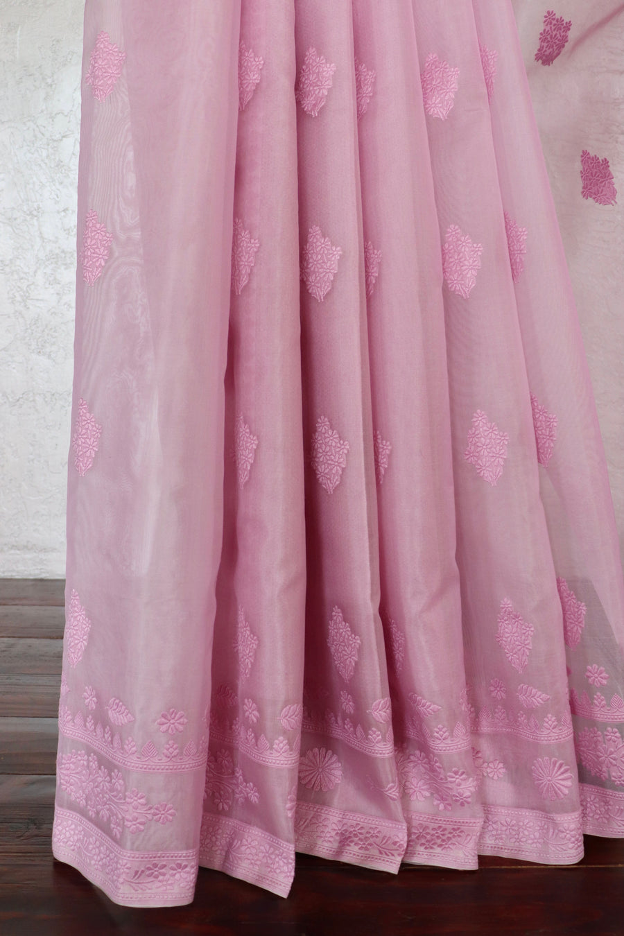 Pink Resham Kadhua Pure Kora Silk Saree | Stuti Weaves