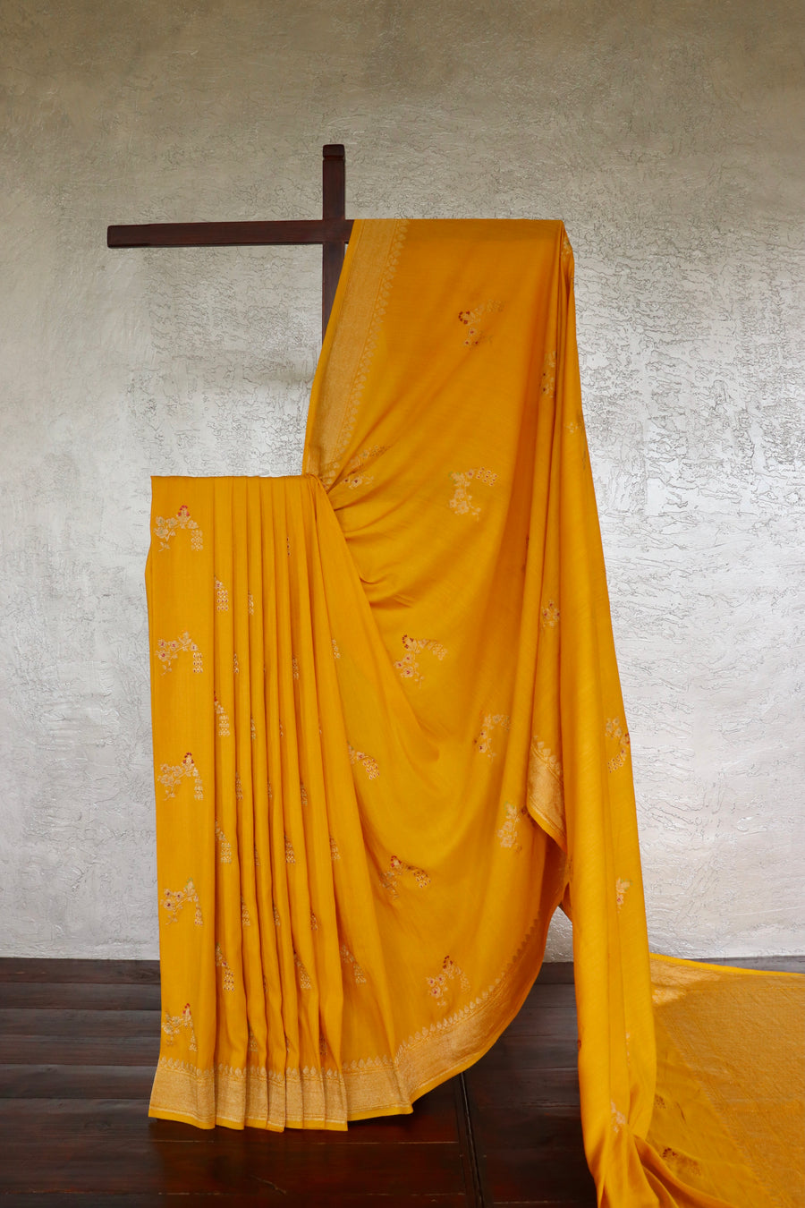 Marigold Meenakari Buti Kadhua Motif Munga Silk Handloom Saree